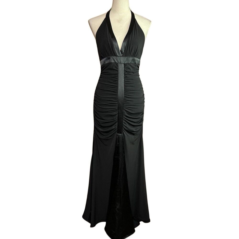 Vintage Cache Dress Maxi Gown Size 4 Black Ruched Mermaid Shimmer Train Stretch